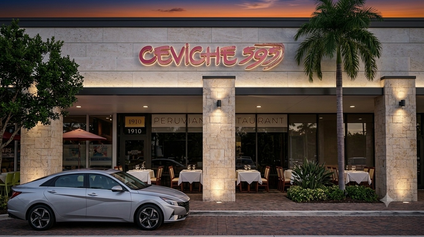 Ceviche 595 restaurant façade and signage in Davie, Florida